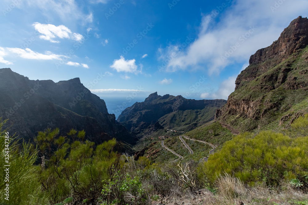 Naklejka premium Difficult accessible hidden in mountains and ravines small scenery village Masca, Tenerife, Canary islands, Spain