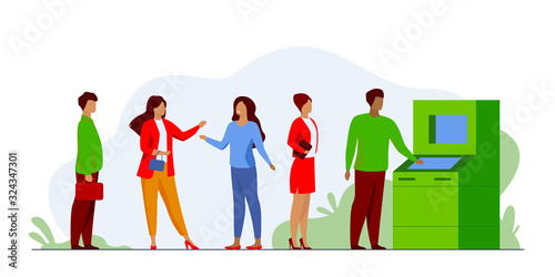 People waiting in queue for bank machine vector illustration. Customers standing in line for payment. Withdrawing money in bank