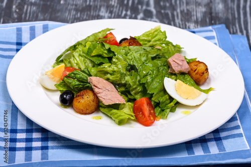 snack with tuna, potatoes, tomatoes, green salad and egg