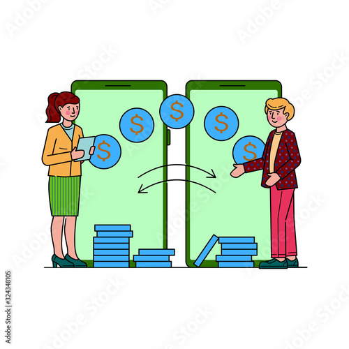 People making financial transactions via mobile app. Banking and sending money flat vector illustration. Mobile transfer payments and remittance concept using online electronic service
