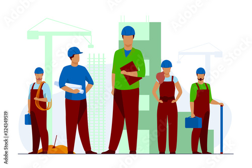 Construction team working on site. Builders, engineers, architects in helmets and overalls holding blueprints, toolkits, measuring tools. Vector illustration for building, engineering, labor