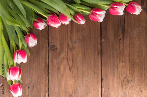 Pink tulips on wooden background. Flat lay, top view. Copy space.