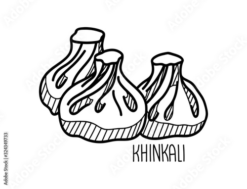 Hand drawn vector illustration of Khinkali. Doodle isolated on white background with hand written title of the dish.