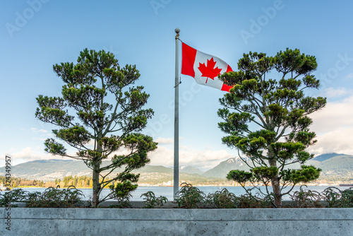 Flag of Canada flying and waving against a blue sky.