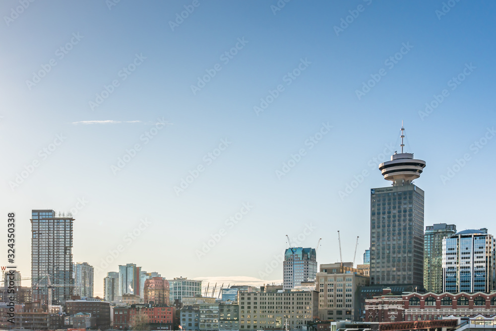 Vancouver, British Columbia, Canada - December, 2019 - Beautiful view of Downtown central Business district, including the Harbour Centre