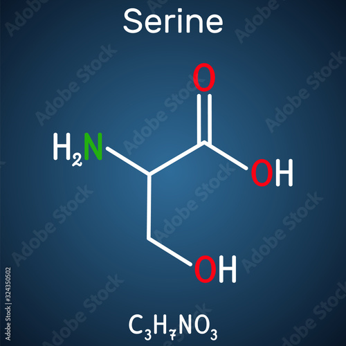 Serine, Ser amino acid molecule. It is used in the biosynthesis of protein. Structural chemical formula on the dark blue background