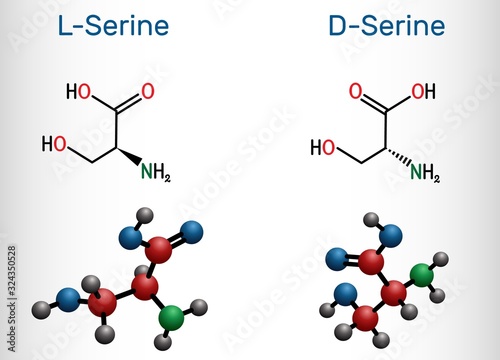 Stereoisomers of serine. D-serine and L-serine amino acid molecule. Skeletal chemical formula. Illustration