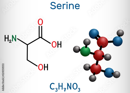 Serine, Ser amino acid molecule. It is used in the biosynthesis of protein. Structural chemical formula and molecule model
