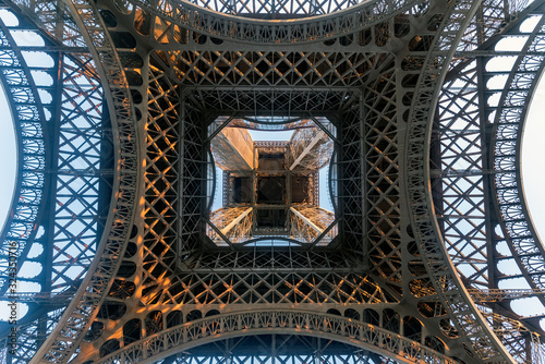 The Eifell Tower seen from the bottom to the top just below.