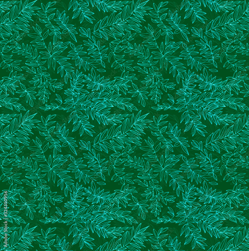 Seamless green pattern drawn by hand. Curls, smooth lines, elegant print. Design for Wallpaper, backgrounds, fabric, textiles, packaging.