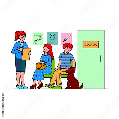 People with pets waiting for doctor in queue. Vet services for cat, medical care for dog vector illustration. Veterinarian clinic concept and pet owner sitting at hospital hall