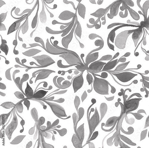 Watercolor gray seamless pattern on a white background, curls, flowing lines, elegant print. Design for wallpaper, fabric, textile, packaging, wedding design. Vintage art, folk painting.