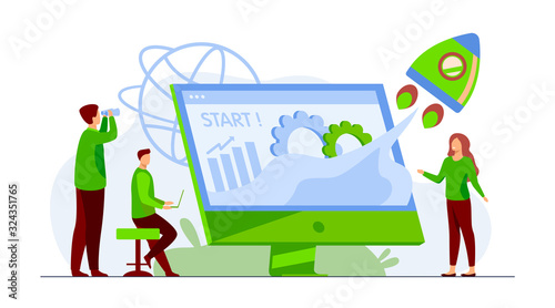 Team starting project. Workgroup working on startup, launching rocket from monitor with growth chart. Vector illustration for new business idea concept