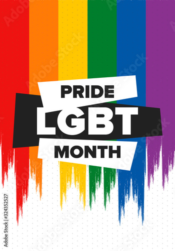 LGBT Pride Month in June. Lesbian Gay Bisexual Transgender. Celebrated annual. LGBT flag. Rainbow love concept. Human rights and tolerance. Poster, card, banner and background. Vector ilustration