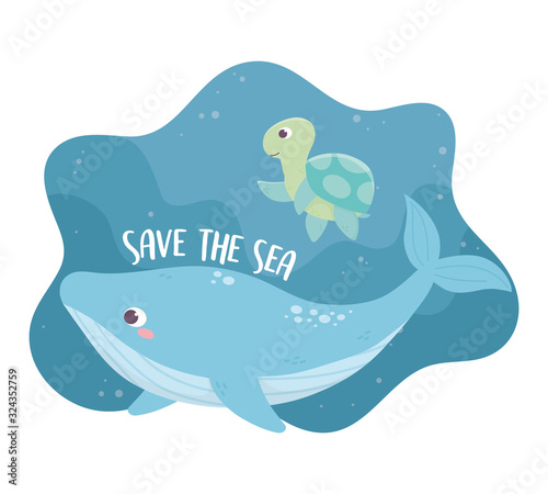 save the sea whale and turtle environment ecology cartoon design