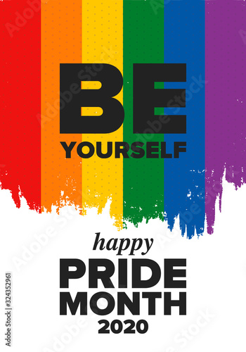 LGBT Pride Month in June. Lesbian Gay Bisexual Transgender. Celebrated annual. LGBT flag. Rainbow love concept. Human rights and tolerance. Poster, card, banner and background. Vector ilustration