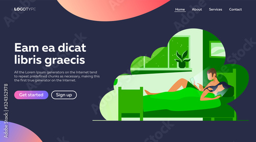 Couple lying in bed and using mobile phones. Gadget and internet addicted users flat vector illustration. Addiction, unhealthy habit, sleepless concept for banner, website design or landing web page