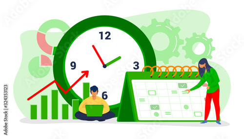 Timing and project scheduling. Managers working near calendar with marks and clock flat vector illustration. Time management, deadline concept for banner, website design or landing web page