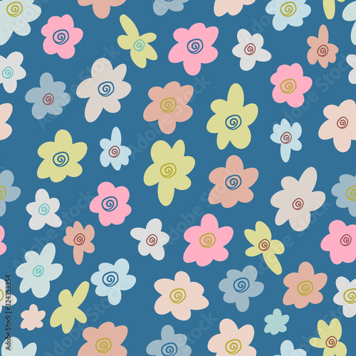 Modern seamless vector botanical colourful pattern with cute simple cartoon flowers. Can be used for printing on paper, stickers, badges, bijouterie, cards, textiles, kids clothes and sheets. 