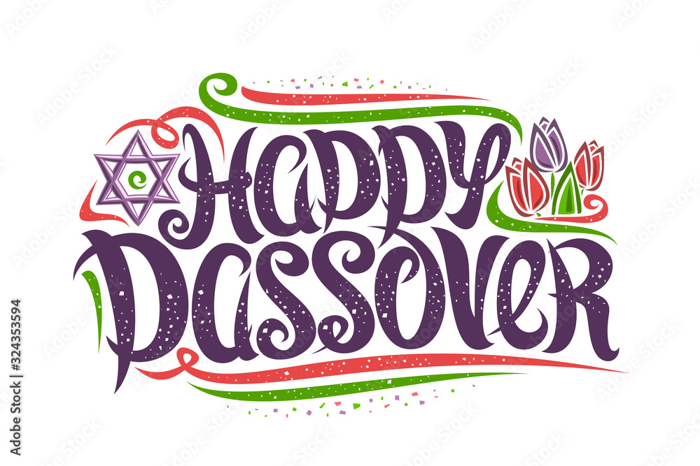 Φωτογραφία Vector greeting card for Jewish Passover, decorative flyer with curly calligraphic font, confetti and flourishes, tulip flowers and star of David, swirly brush type for words happy passover on white