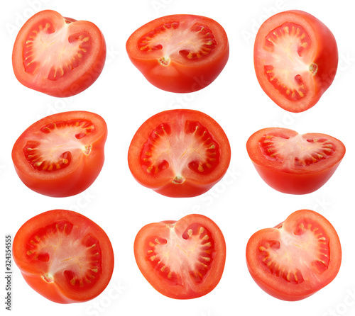 tomato halves isolated on a white background with a clipping path.