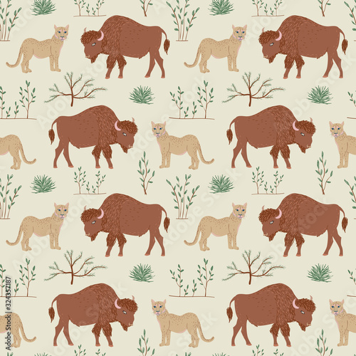 Seamless pattern of cartoon puma and bison. Repeatable textile vector print, wallpaper design.