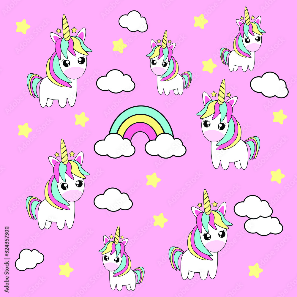 Obraz premium Unicorn seamless pattern with pastel pink background. Kids cute happy cartoon with unicorn, rainbow, stars, clouds for baby clothes, nursery art, sticker, print. Kawai Vector illustration.
