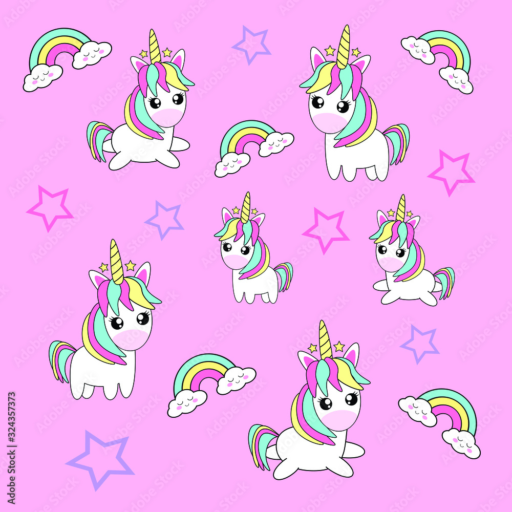 Fototapeta premium Unicorn seamless pattern with pastel pink background. Kids cute happy cartoon with unicorn, rainbow, stars for baby clothes, nursery art, sticker, print. Kawai Vector illustration.