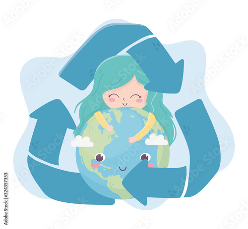 cute girl hugs world recycle sign environment ecology