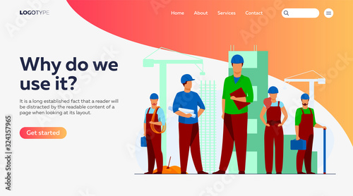 Construction team working on site. Builders, engineers, architects in helmets and overalls holding blueprints, toolkits, measuring tools. Vector illustration for building, engineering, labor