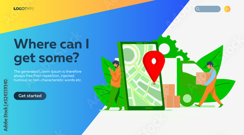 Delivery man and recipient who leaning on smartphone with pin. Door to door delivery by courier flat vector illustration. Delivery service concept for banner, website design or landing web page