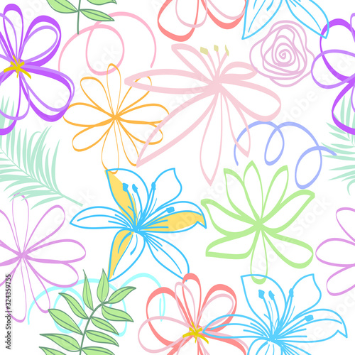 Seamless vector pattern abstract flowers and tropical leaves on white background