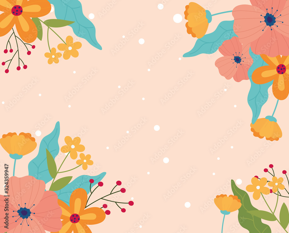 happy spring flowers decoration border dotted background