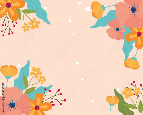 happy spring flowers decoration border dotted background