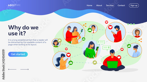 Social media network. Connected users taking pictures, posting, chatting flat vector illustration. Internet, connection, communication concept for banner, website design or landing web page