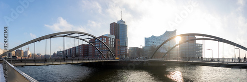 Panorama of two bridges, warehouse district, office buildings and elbphilharmonie in Hamburg, Germany