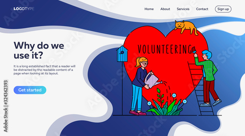 Voluntary charity persons vector illustration. Symbolic love of humanity as nonprofit social teamwork. Care, love and good heart community support concept. Contributing and volunteering.