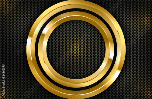 Luxury elegant background with shiny gold circle element on dark black carbon surface. Business presentation layout