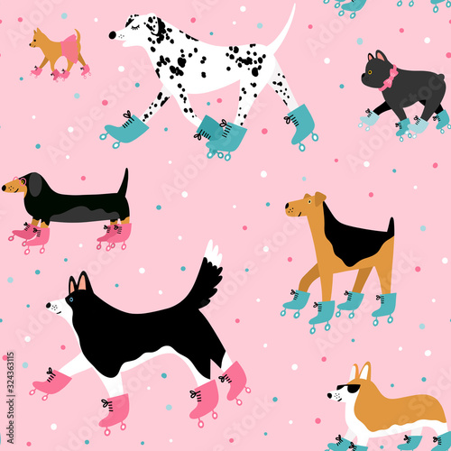 Seamless pattern with funny dogs on pink background. Dalmatian, corgi, dachshund, chihuahua, French bulldog, airedale. Cartoon dogs of different breeds roller skating