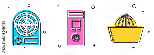 Set Electric heater , Remote control and Citrus fruit juicer icon. Vector