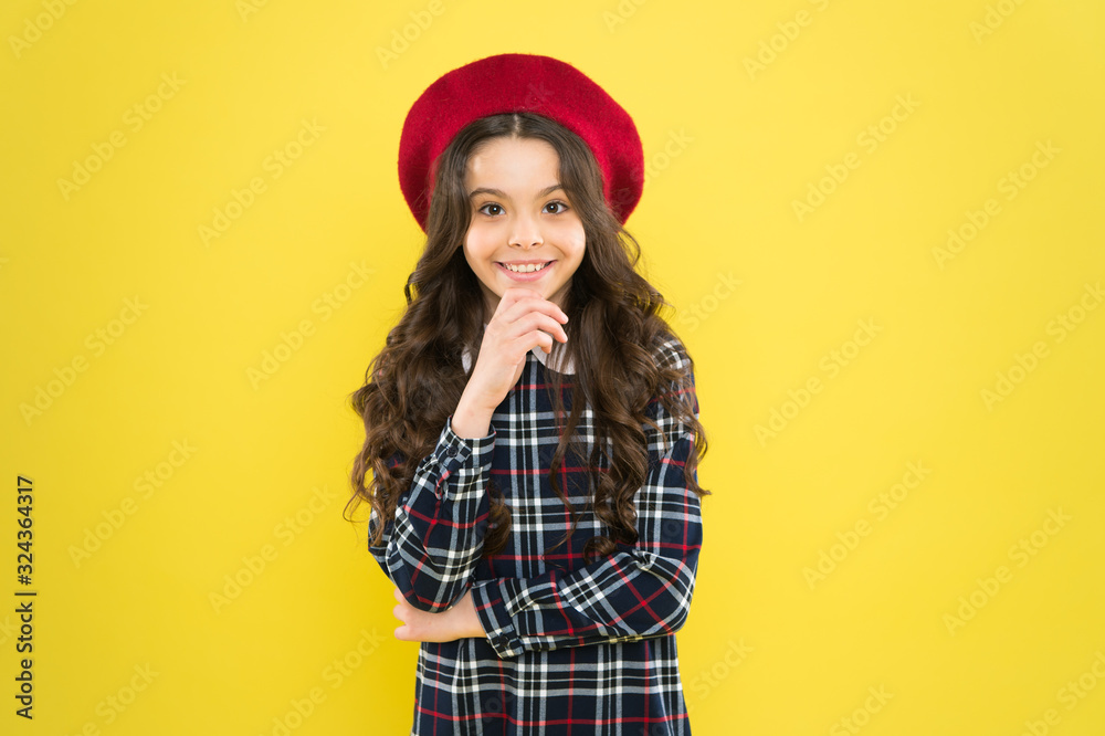 Fancy accessory. Child long curly hair wearing beret hat. Happy schoolgirl stylish uniform. Happy childhood concept. Happy smiling cheerful kid portrait. Small girl nice hairstyle. Fashion shop Fancy accessory. Child long curly hair wearing beret hat. Happy schoolgirl stylish uniform. Happy childhood concept. Happy smiling cheerful kid portrait. Small girl nice hairstyle. Fashion shop
