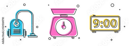 Set Vacuum cleaner , Scales and Digital alarm clock icon. Vector