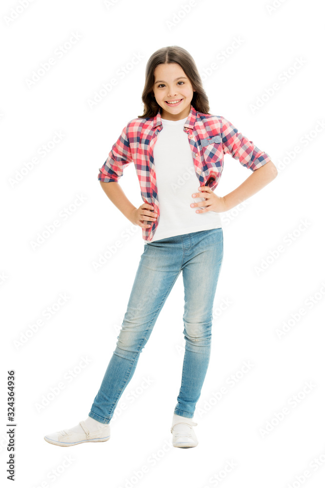 Loving her new style. Happy child in casual style isolated on white. Fashion and style. Fashion look of vogue model. Beauty and look. Her look always going to be in style Loving her new style. Happy child in casual style isolated on white. Fashion and style. Fashion look of vogue model. Beauty and look. Her look always going to be in style