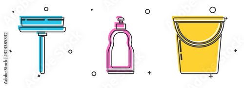 Set Squeegee, scraper, wiper, Plastic bottles for liquid dishwashing liquid and Bucket icon. Vector