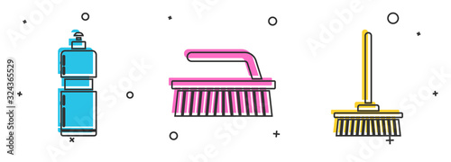 Set Plastic bottles for liquid dishwashing liquid, Brush for cleaning and Mop icon. Vector