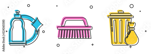 Set Plastic bottles for liquid dishwashing liquid, Brush for cleaning and Trash can and garbage bag icon. Vector