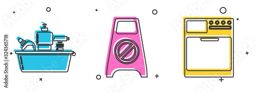 Set Plastic bottles for liquid dishwashing liquid, Wet floor and cleaning in progress and Washer icon. Vector