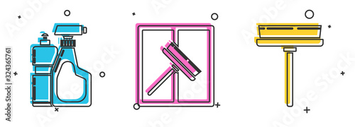 Set Plastic bottles for liquid dishwashing liquid, Squeegee, scraper, wiper and Squeegee, scraper, wiper icon. Vector