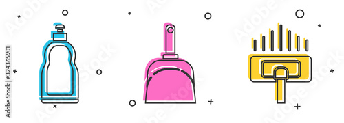 Set Plastic bottles for liquid dishwashing liquid, Dustpan and Vacuum cleaner icon. Vector