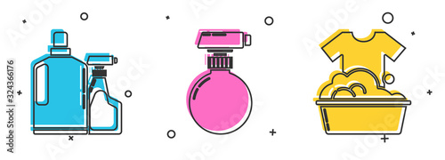 Set Plastic bottles for liquid dishwashing liquid, Cleaning spray bottle with detergent liquid and Plastic basin with soap suds icon. Vector